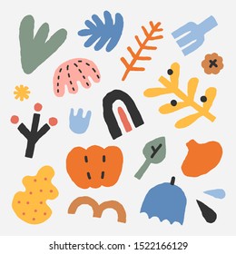 Colección de ilustraciones abstractas de vector planas dibujadas a mano. doodles abstractos de colores y formas en colores pastel. Estilo moderno de corte de papel. dibujos sencillos de símbolos de otoño