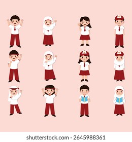 Una colección de ilustraciones planas dibujadas a mano con estudiantes indonesios con uniformes escolares. Incluye niñas con hiyab, niños y niñas de diversos orígenes, sonrientes y saludos en el aula o en la escuela
