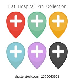 Collection of flat hospital map icons in different colors. Vector icons for indicating a hospital location