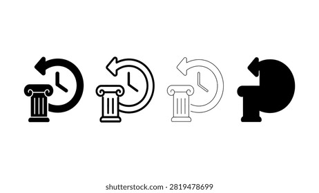 a collection of flat icon designs featuring ancient greek style pillars combined with circular clock arrows representing historical time