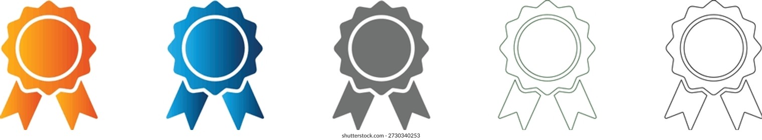 A collection of flat icon medal designs in solid black, vector, isolated on white, representing achievement and quality as part of a consistent icon set.