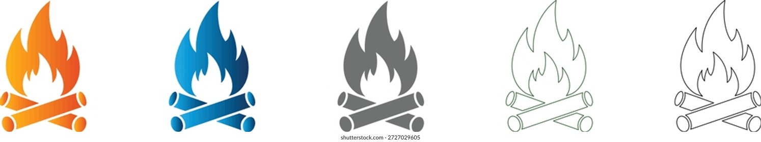 Uma coleção de desenhos de conjuntos de ícones planos com uma fogueira com registros, apresentados em formato vetorial preto sólido, isolados em um fundo branco.