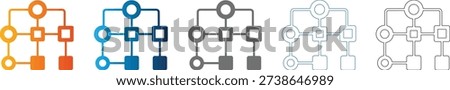 Collection of flat icon set designs for family trees, genealogy, and organizational charts, presented in vector format with solid black outlines.
