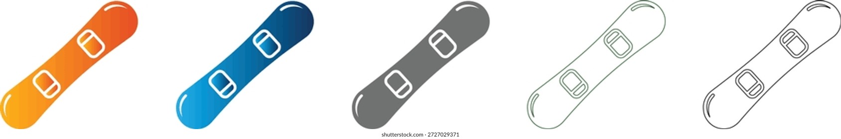 Eine Kollektion von flachen Symbol-Snowboard-Designs im soliden schwarzen Vektorformat, einzeln auf Weiß. Teil eines einheitlichen Ikonensatzes für den Wintersport.