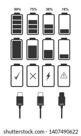 Collection of flat icons of battery and type-c cable. Ready vector battery icons for interface design of various types of devices.