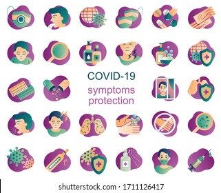 Collection flat icons of covid-19 coronavirus. Illustrations on symptoms and prevention viral infections. Set simple icons gradient. Means of individual protection and prevention the corona virus.