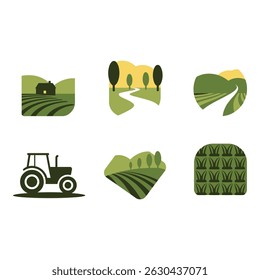 Collection of Flat Icons Depicting Rural Landscapes and Farming
