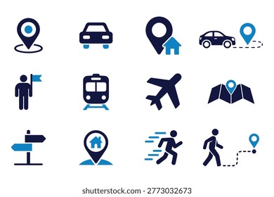 Collection of flat icons depicting various travel and transport methods isolated on transparent background