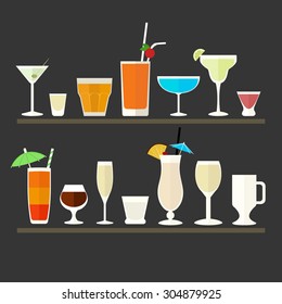 Collection of flat icons of different glasses for cocktails and drink.