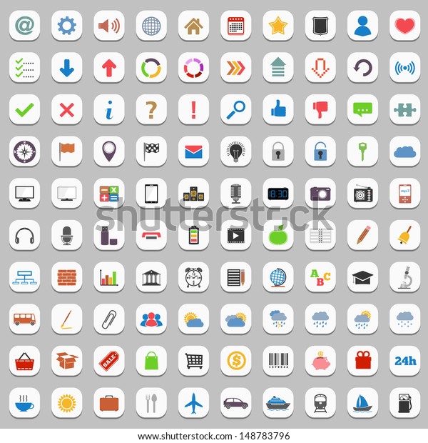 Collection of flat\
icons, includes shopping, travel, weather, transport, navigation,\
electronics, education, security themes, web icons and arrows.\
Vector eps10\
illustration