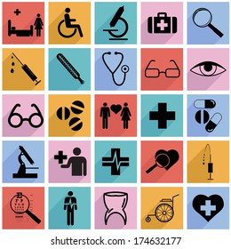 Collection flat icons with long shadow. Medicine symbols. Vector illustration.