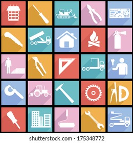 Collection flat icons with long shadow. Construction symbols. Vector illustration.