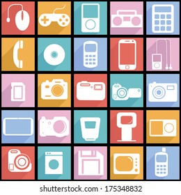 Collection flat icons with long shadow. Multimedia symbols. Vector illustration.