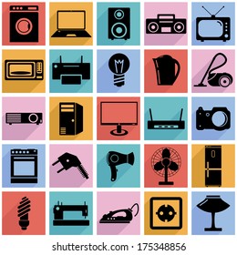 Collection flat icons with long shadow. Electrical devices symbols. Vector illustration.