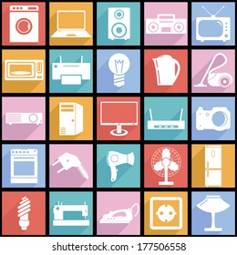 Collection flat icons with long shadow. Electrical devices symbols. Vector illustration.