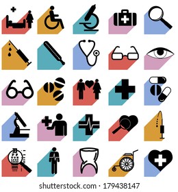 Collection flat icons with long shadow. Medicine symbols. Vector illustration.