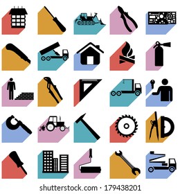 Collection flat icons with long shadow. Construction symbols. Vector illustration.