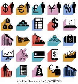 Collection flat icons with long shadow.  Finance symbols. Vector illustration.