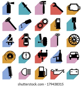 Collection flat icons with long shadow. Car symbols. Vector illustration.