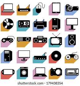 Collection flat icons with long shadow. Eectronic devices symbols. Vector illustration.