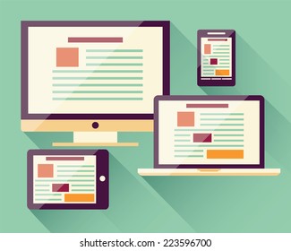 Collection of flat icons mobile smart phone, laptop, computer, tablet, electronic device, responsive web design, infographic elements, vector illustration
