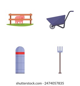 Colección de íconos planos que representan Elementos de granja, incluyendo un cerdo, una carretilla, un silo y una horca