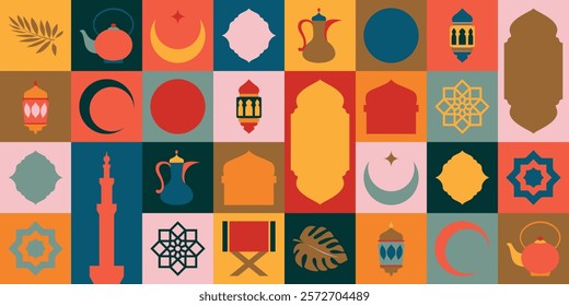 A collection of flat icons representing Muslim culture in a minimalist design style. Each icon is crafted with clean lines and a harmonious color palette