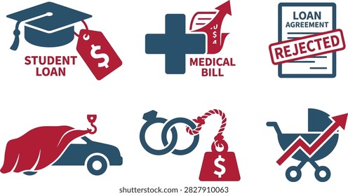 A collection of flat icons representing various financial burdens and economic challenges, including student loans, medical bills, debt, and family expenses.