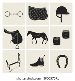 Collection of flat icons of special equipment for horses. Black silhouettes on pale gray background. EPS 10.