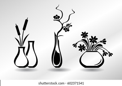 Collection of flat icons vases with flowers: orchid, snowdrops, bulrush