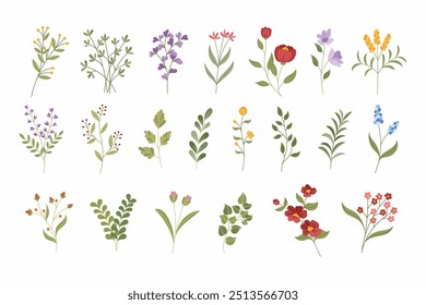 Coleção de desenhos florais ilustrados planos com várias flores coloridas e folhas verdes