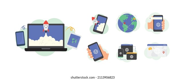 Kollektion von flachen Illustrationen zum Thema Internet, Netzwerk, digitale Welt, Telekommunikation. grafische Objekte, die für verschiedene Zwecke geeignet sind. Vektor EPS10