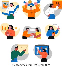 Collection of Flat Illustration Dynamic Business Team Collaboration and Growth Visualization in Modern Office Setting