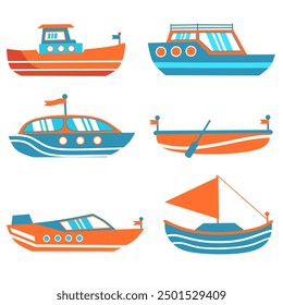 collection of flat illustration sea vessels.vector cartoon fishing boat,fish finder,sea transport.isolated on white background