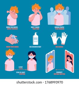 
collection of flat illustrations. antivirus methods. wear a mask and gloves. keep the distance. SET 1