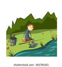 Collection  flat illustrations camping. Fishing. Man catches fish with bait