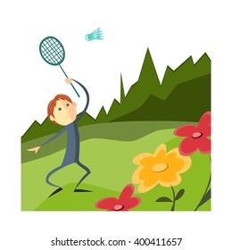Collection flat illustrations camping. Man playing badminton