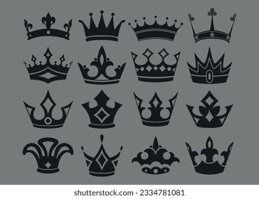 Collection of flat illustrations of the crown. Black vector on gray background