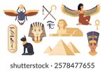 Collection of flat illustrations depicting ancient Egyptian symbols, deities, and landmarks on a white background. Concept of Egyptian culture. Vector illustration