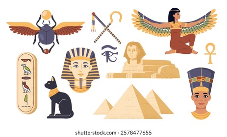 Collection of flat illustrations depicting ancient Egyptian symbols, deities, and landmarks on a white background. Concept of Egyptian culture. Vector illustration