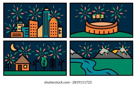 A collection of flat illustrations depicting festive fireworks. EPS 10.