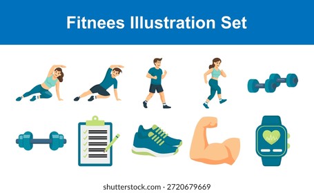 coleção de ilustrações planas que retratam pessoas envolvidas em atividades de fitness e equipamento desportivo relacionado.