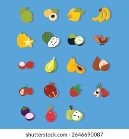 Sammlung von flachen Illustrationen, die eine Vielzahl von tropischen Früchten, einschließlich Guave, Mango, Sternfrucht, Jackfrucht, Rambutan, Papaya und mehr, auf einem soliden blauen Hintergrund darstellen.  