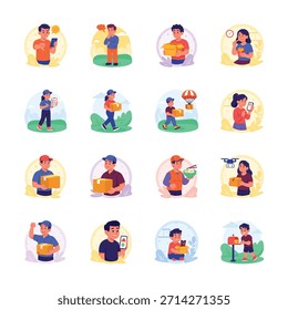 Uma coleção de ilustrações planas que descrevem vários métodos de entrega de embalagens,