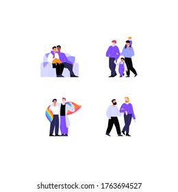 Collection of flat illustrations of different gay couples and families with and without kids. Pride month concept