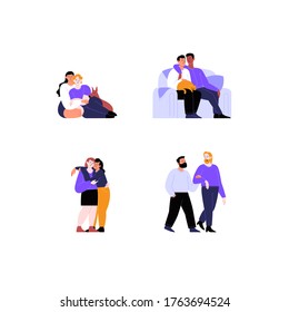 Collection of flat illustrations of different queer couples and families with and without kids. Pride month concept