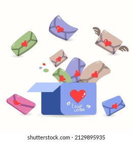 collection of flat illustrations with love letters and cardboard