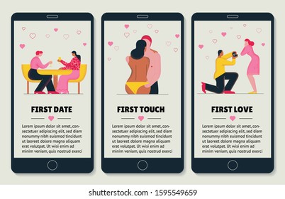 Collection of flat illustrations of lovers for web app. Couples in situations. Infographic for smartphones. Valentines day illustration set