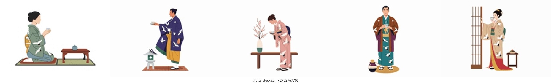 Collection of flat illustrations showing Japanese men and women in traditional kimonos participating in tea ceremonies and cultural activities.