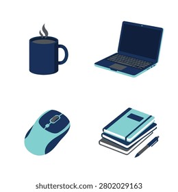 A collection of flat isometric icons featuring a laptop computer steaming coffee mug wireless mouse and a stack of notebooks with a pen for business and study